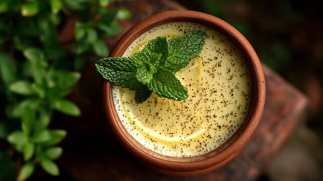 Pakistani sattu drink chilled lemon and mint in terracotta cup top down view in natural garden