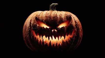 Illuminated Jack-o'-Lantern with a menacing grin on a black background. The orange light casts spooky shadows, setting the stage for Halloween festivities.