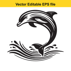 Stylized Dolphin Leaping from Water Creative Black and White Vector Graphic Design for Wall Art and Logo Concepts