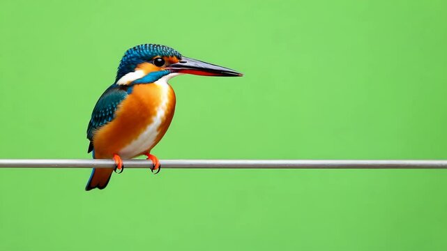 Colorful kingfisher perches on a wire against a vivid green backdrop in nature
