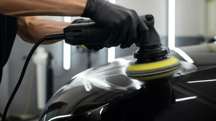 Person polishing a black car with an orbital buffer in a professional auto detailing shop - Powered by Adobe