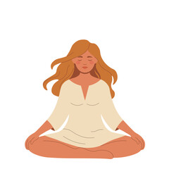 Girl in lotus position on white background, flat style, minimalism, isolate on white, pastel colors