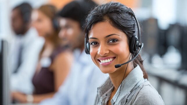 Smiling Customer Service Agent:  A friendly customer support professional wearing a headset at a help desk, ready to assist with a positive attitude.
