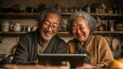 Elderly Asian couple joyfully exploring wearable technology at home
