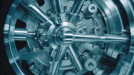 Close-up of intricate metal machinery component with rotating shafts and gears