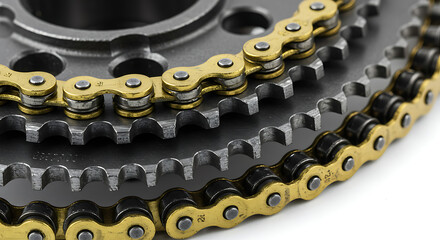A detailed macro shot of a high-performance gold motorcycle chain wrapped around a set of steel engine sprockets