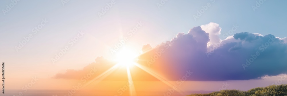 Poster a bright sun is shining through a cloudy sky. the sun is the main focus of the image, and it creates