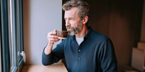 A man is sitting at a table with a cup of coffee in front of him. He is looking out the window, possibly lost in thought. Concept of relaxation and contemplation, as the man enjoys his coffee