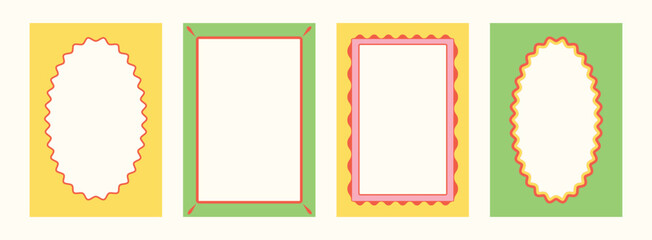 Hand drawn colorful wavy frames. Coastal border set for wedding, invitations, menu, posters, print, postage stamp. Modern Frame collection. Minimal line shapes backgrounds. Doodle vector illustration.