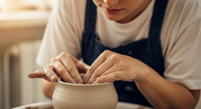 Woman shaping clay pot, pottery workshop, hands-on craft, artisan, for blogs