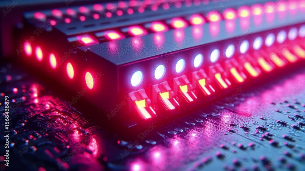Poster colorful led lights illuminate a circuit board with a sleek design in a dark setting