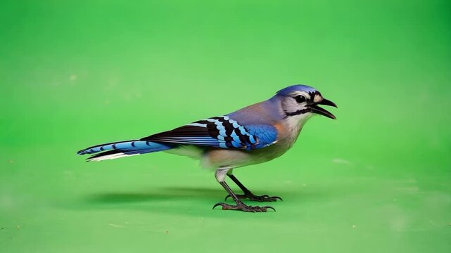 Blue jay perched on green background showcasing its vibrant plumage and vocalization
