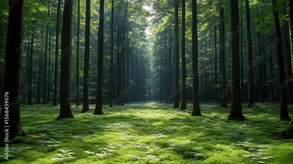 Poster lush green forest with towering trees and sunlight filtering through foliage in a serene location