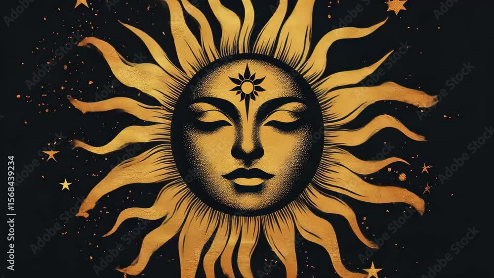 Poster golden sun illustration with intricate patterns and celestial elements on a dark background