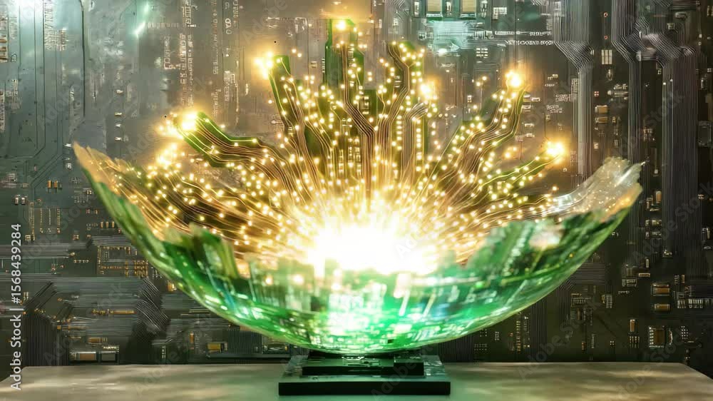 Poster modern art installation showcasing a glowing circuit board design in an urban gallery setting
