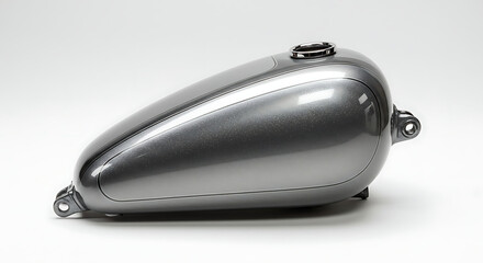 A sleek, custom motorcycle gas tank with a metallic silver-gray finish, captured in a professional studio shot and isolated on a seamless white background