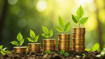 Growing Stacks of Coins with Small Plants Against Green Forest Background