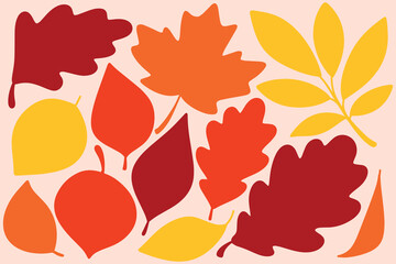 Bold flat-style autumn leaves in red, orange and yellow tones arranged on soft beige background, perfect for graphic design and decoration