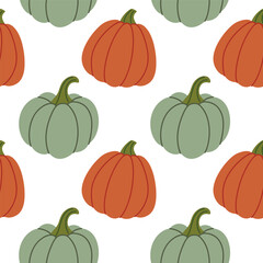Pattern with red, green, and orange pumpkins on white, designed as seamless autumn background for seasonal projects