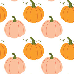 Seamless pattern with orange and light pink pumpkins on white background, ideal for fall or Thanksgiving designs and packaging