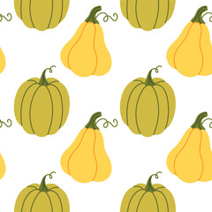 Repeating pattern with green and yellow gourds on white background. Fall harvest decoration for packaging and seasonal use