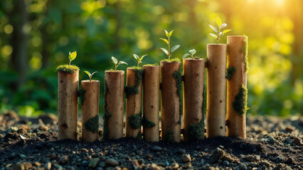 The concept of growth illustrated by young seedlings sprouting from wood logs, symbolizing nature, renewal, and sustainability.