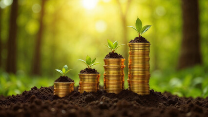 Stacked golden coins with sprouting plants symbolize environmental investment and financial growth, suggesting eco-friendly business and sustainability concepts.
