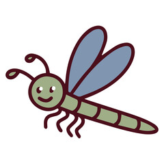 Smiling dragonfly with long body and large blue wings. Playful insect illustration for educational and child-focused designs