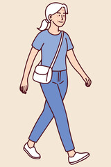 Elderly woman walks in breathable summer clothing during hot weather. Her outfit helps her stay cool and active outdoors