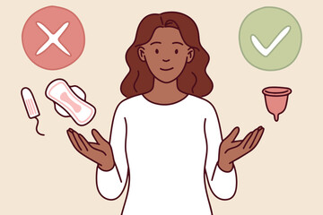 Dark-skinned woman presents menstrual hygiene advice showing check and cross symbols for menstrual cup, tampon, and pad