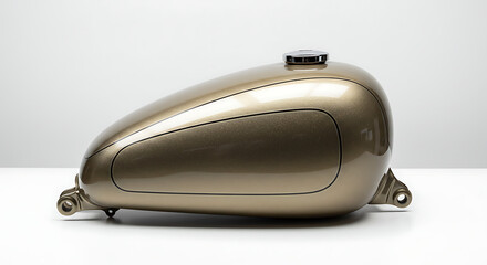 A pristine, custom-painted motorcycle gas tank, showcased in a professional studio setting.