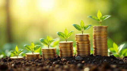 Seedlings growing from piles of gold coins illustrate green investment, renewable economy, and sustainable business development.