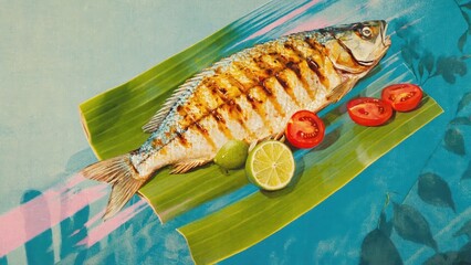 Grilled fish with sliced tomatoes and lime on banana leaf