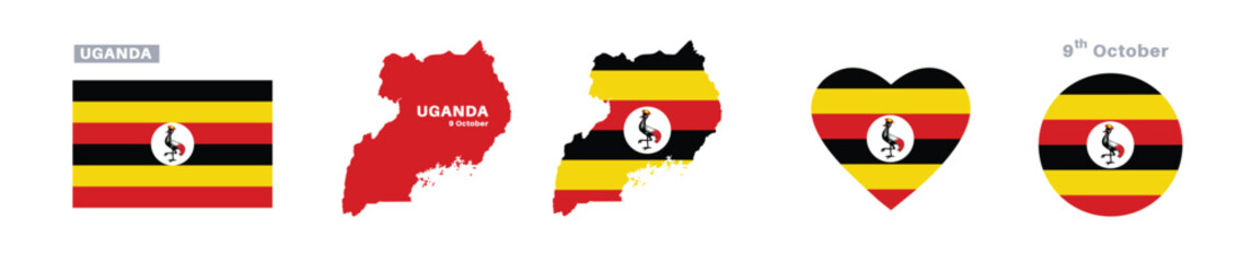 uganda flag and map set. uganda flag in official colors and proportions. independence day 9 october , map, circle and heart shaped uganda 