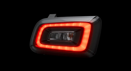 A sleek, modern automotive LED taillight assembly, illuminated with a vibrant red light guide, showcased in a dramatic studio shot against a deep black background.