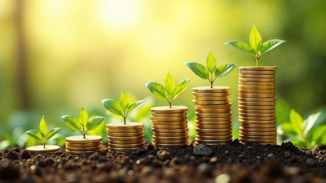 Seedlings growing from piles of gold coins illustrate green investment, renewable economy, and sustainable business development.