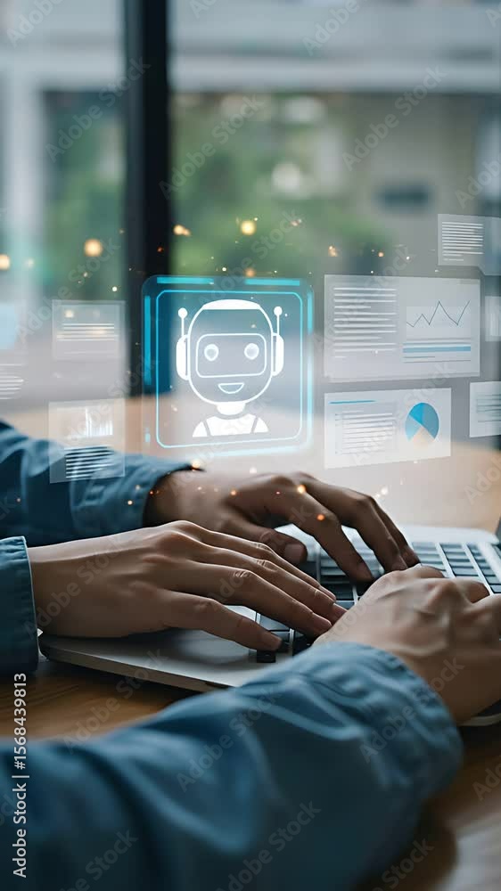 Poster ai chatbot integration: man in denim shirt types on laptop, surrounded by digital robot assistant, c