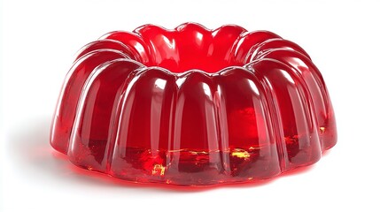 Red Jello Mold on White Background. The gelatin dessert in a ring shape glistens. Festive treat, wiggly, food dessert, clear, shiny, jiggly, sweet.