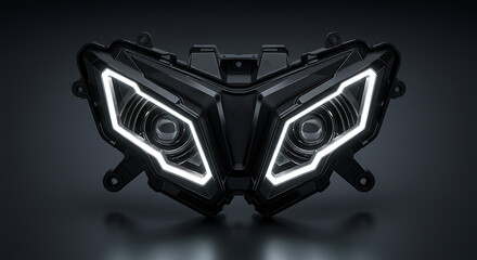 Sleek and aggressive front view of a modern motorcycle headlight assembly, showcasing futuristic design and advanced lighting technology. 