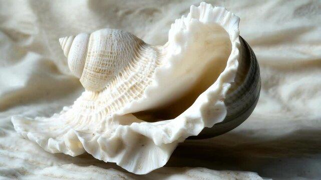 Unique spiral shell resting on a soft sandy surface near the beach on a sunny day