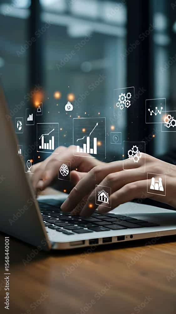 Poster data analytics: man in his 30s types on his laptop surrounded by data analytics and chart icons, sig