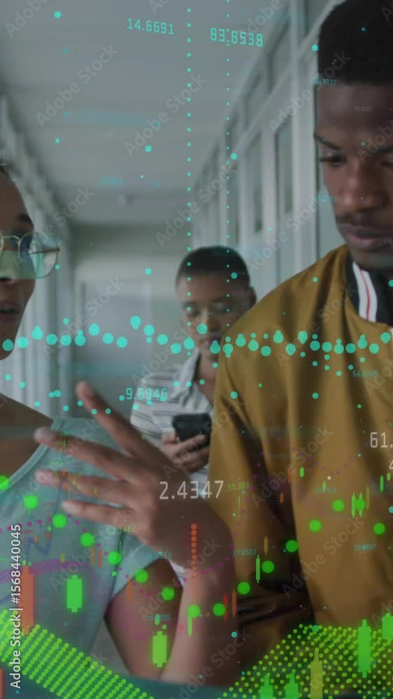 Poster animation of graphs with numbers over diverse coworkers sharing ideas while walking in corridor