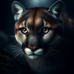 close-up portrait of a cougar with amber-golden eyes
