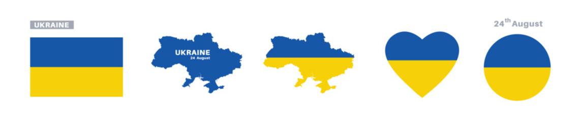 ukraine flag and map set. ukraine flag in official colors and proportions. independence day 24 august, map, circle and heart shaped ukraine 