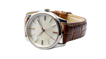 A classic mens watch with leather strap isolated on transparent background