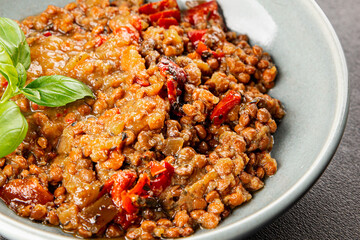 Lentil dish vegetables and roasted peppers savory vegetable fresh vegetarian and vegan food gourmet food background on the table rustic food top view copy space keto and paleo diet