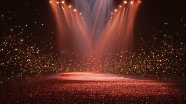 A stage with overhead lights illuminates a runway covered in red glitter, surrounded by twinkling golden sparkles in a dark space, creating a magical atmosphere.