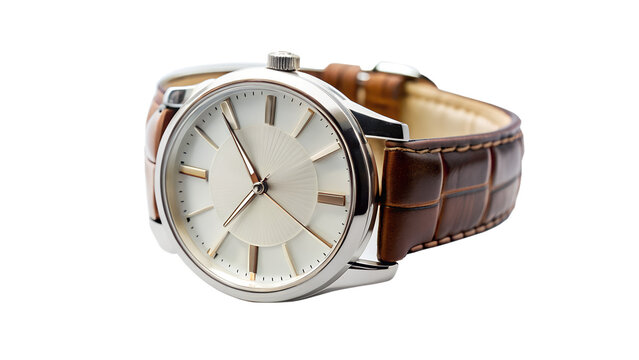 A classic mens watch with leather strap isolated on transparent background