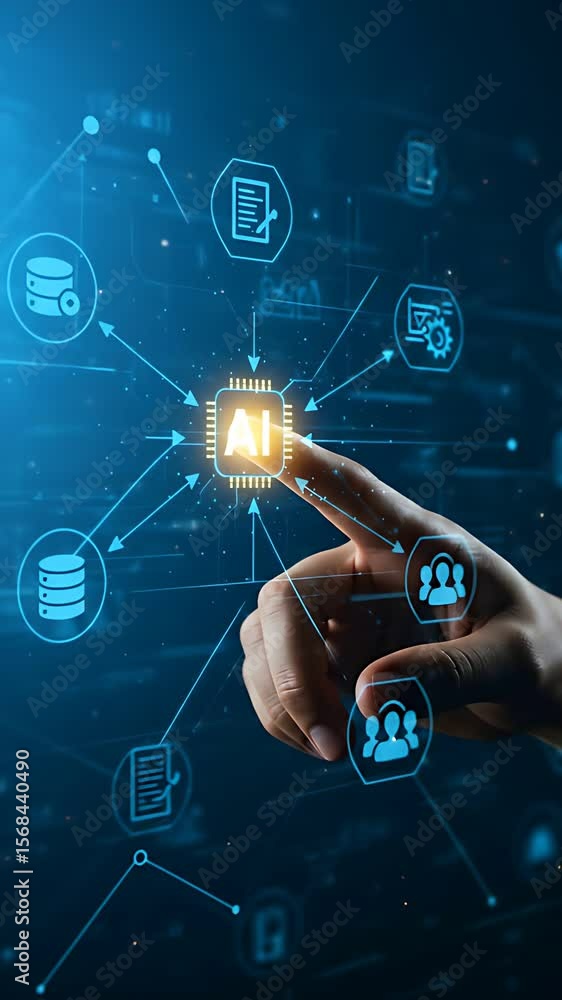 Poster ai connection: man touches an ai chip activating networks and connecting to cloud data, team, and di