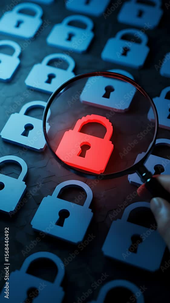 Poster cybersecurity vulnerability: magnifying the red lock, highlighting network security flaws with a foc